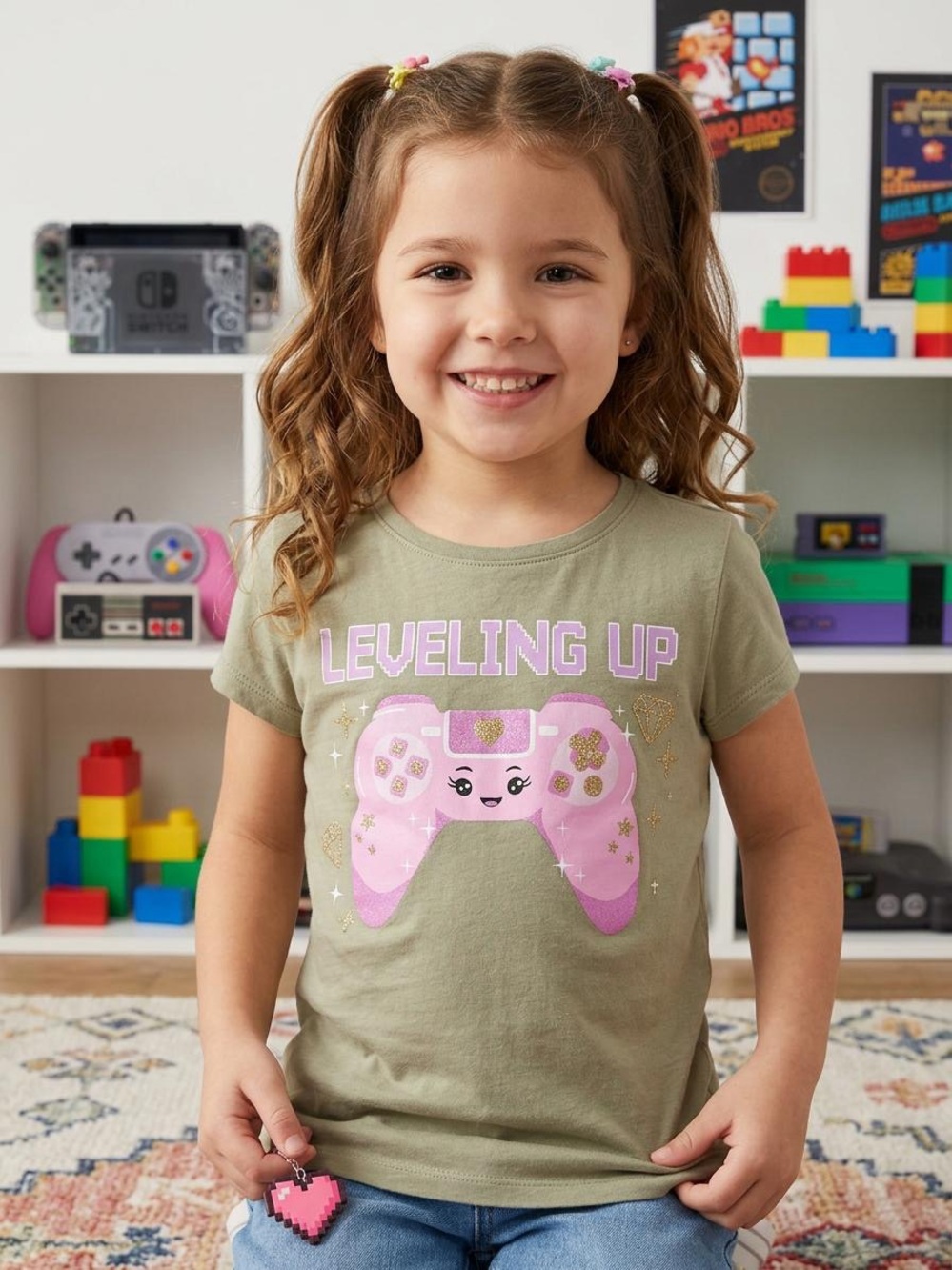 Girls' Olive Green 'Leveling Up' Tee with Pink Game Controller Graphic